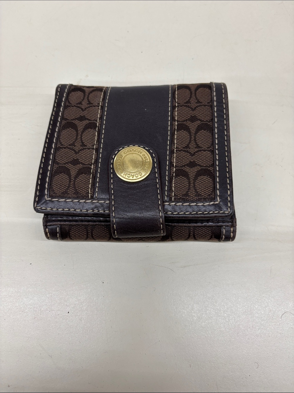Coach Dark Brown Signature Canvas Wallet with Gold Accent
